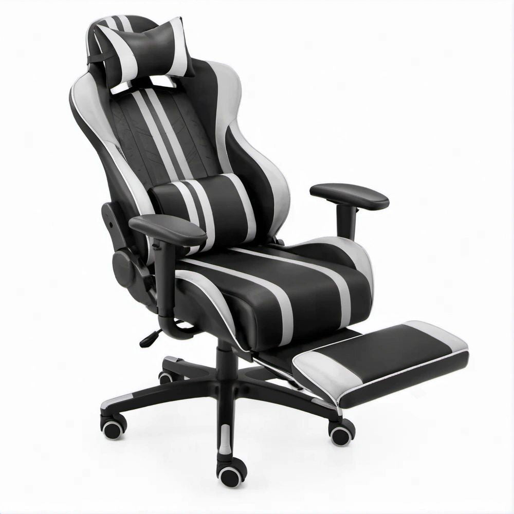 Cadeira Gaming Reclinável Preta e Cinzenta em Pele Sintética PU com Apoio de Pés 66 x 65 x 118-128 cm