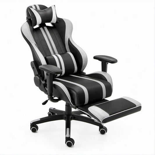 Cadeira Gaming Reclinável Preta e Cinzenta em Pele Sintética PU com Apoio de Pés 66 x 65 x 118-128 cm
