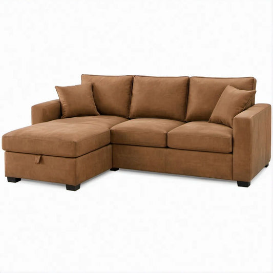 Sofá de Canto com Chaise Longue Esquerda Castanho em Microfibra, 230 x 150 x 85 cm