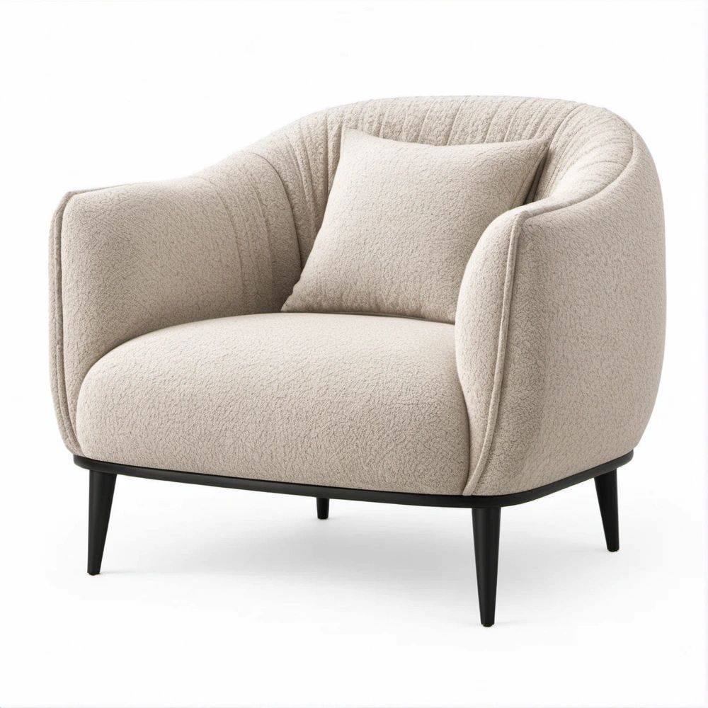 Poltrona Redonda em Bouclé Bege com Pés Pretos, 90 x 85 x 78 cm