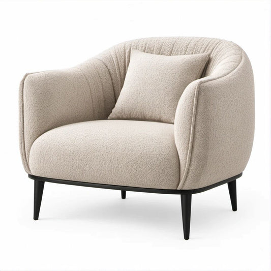 Poltrona Redonda em Bouclé Bege com Pés Pretos, 90 x 85 x 78 cm