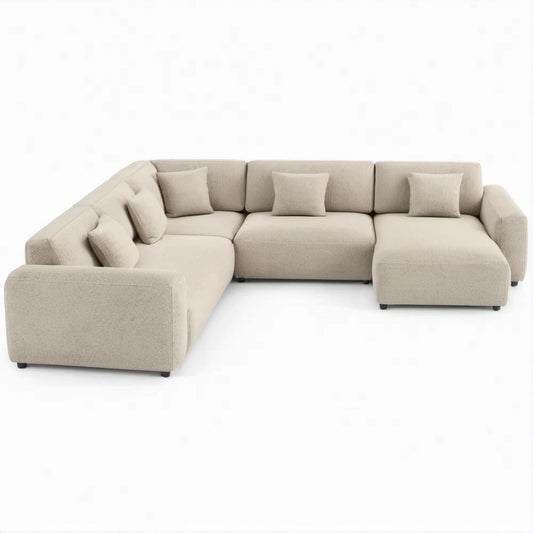 Sofá Modular em U Bege com Duas Chaise Longues, 345 x 220 x 85 cm