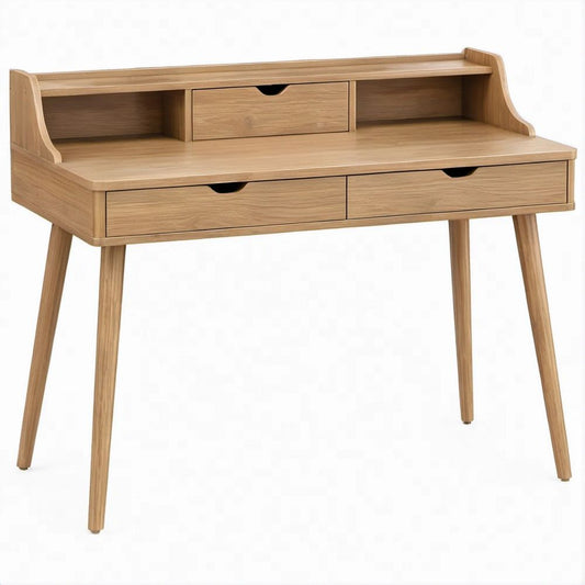 Secretária em MDF folheado a carvalho castanho-claro com 3 gavetas, 100 x 50 x 90 cm