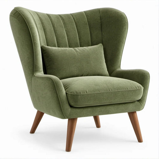 Poltrona Orelhuda em Veludo Verde-Azeitona com Pernas Castanho-Nogueira, 78 x 85 x 105 cm