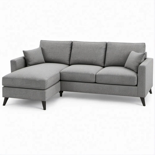 Sofá de canto com chaise longue à esquerda, cinzento e preto, 230 x 150 x 85 cm
