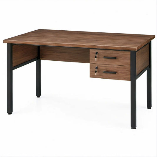 Secretária Retangular em MDF e Aço Nogueira e Preta, 140 x 70 x 75 cm, com 2 Gavetas com Fechadura